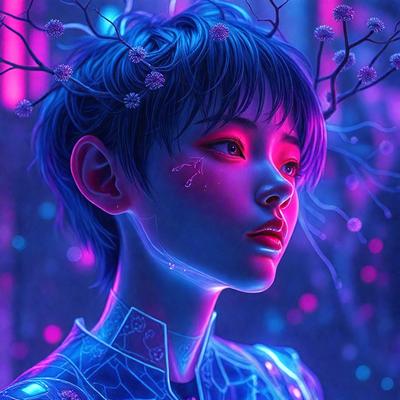 The primary subject of the image is a young person with a unique hairstyle, featuring a crown of flowers on their head. The setting is a dark, purple-lit room, which adds a dramatic and mysterious atmosphere to the scene. The visual style is a combination of digital art and illustration, creating a surreal and artistic representation of the individual. The dominant colors are purple and blue, which contribute to the overall mood of the image.